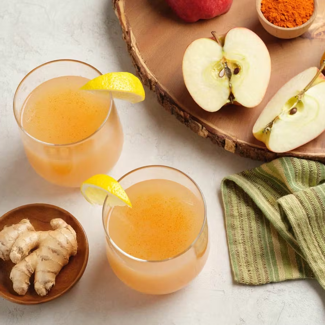 Two glasses of a fresh, golden-coloured juice, garnished with lemon wedges and sat beside slices of apple, pieces of ginger and a bowl of spice.