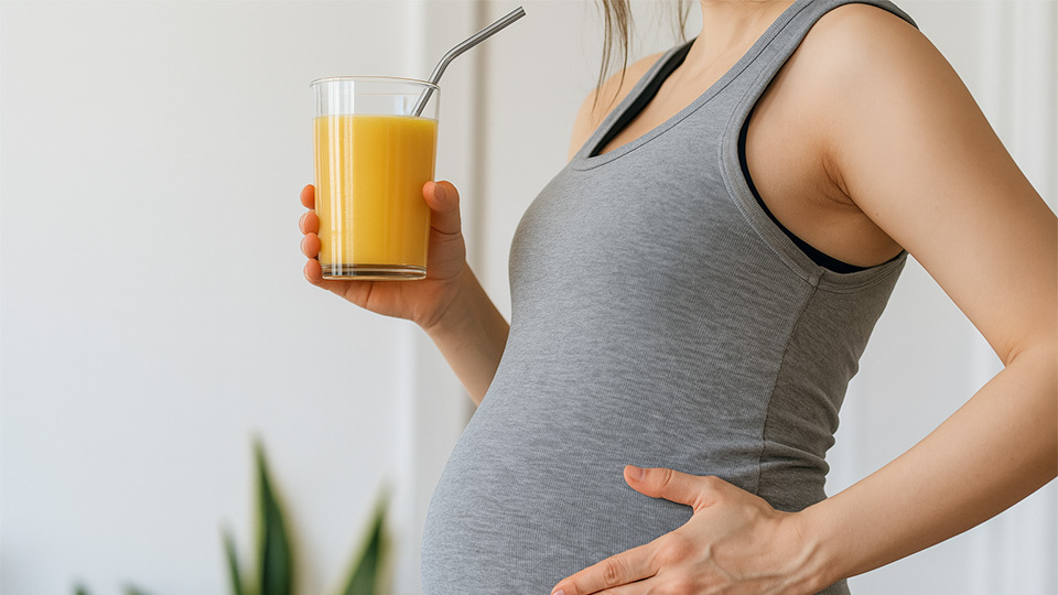 Pregnant woman holding glass of orange juice